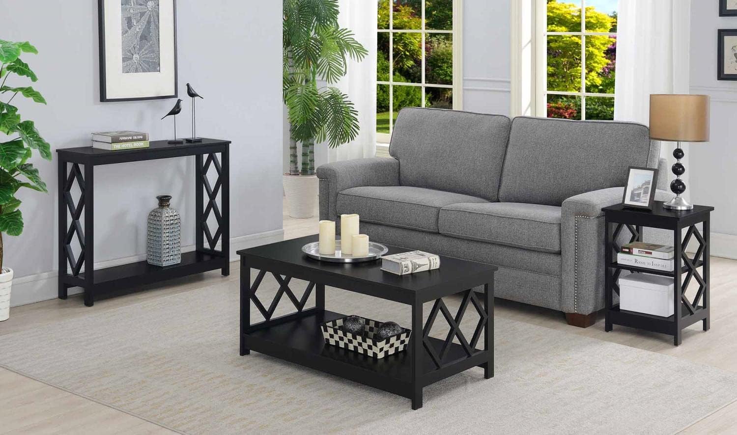 3pce Diamond Black Coffee Table, Side Table & Console