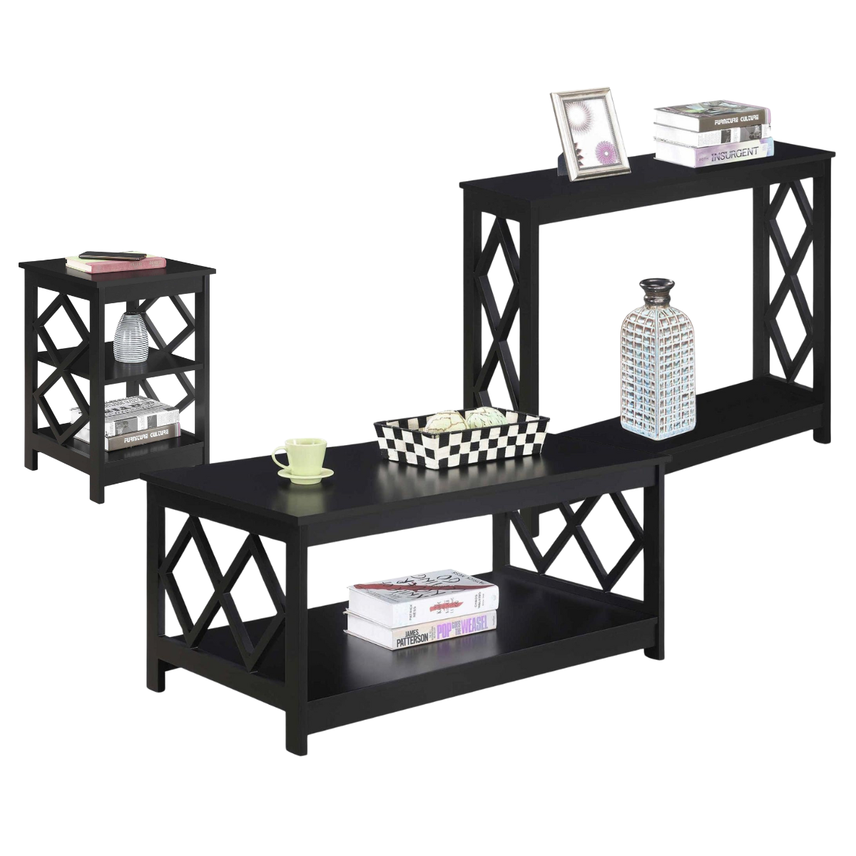 3pce Diamond Black Coffee Table, Side Table & Console